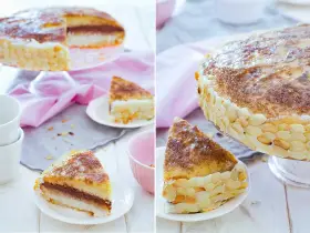 Deliciosa tarta San Marcos con capas de bizcocho, crema y cobertura de almendras tostadas. Un postre perfecto para celebrar.