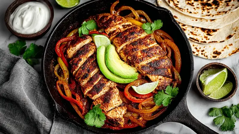 Fajitas de pollo con pimientos, aguacate y tortillas. ¡Un festín listo para disfrutar!
